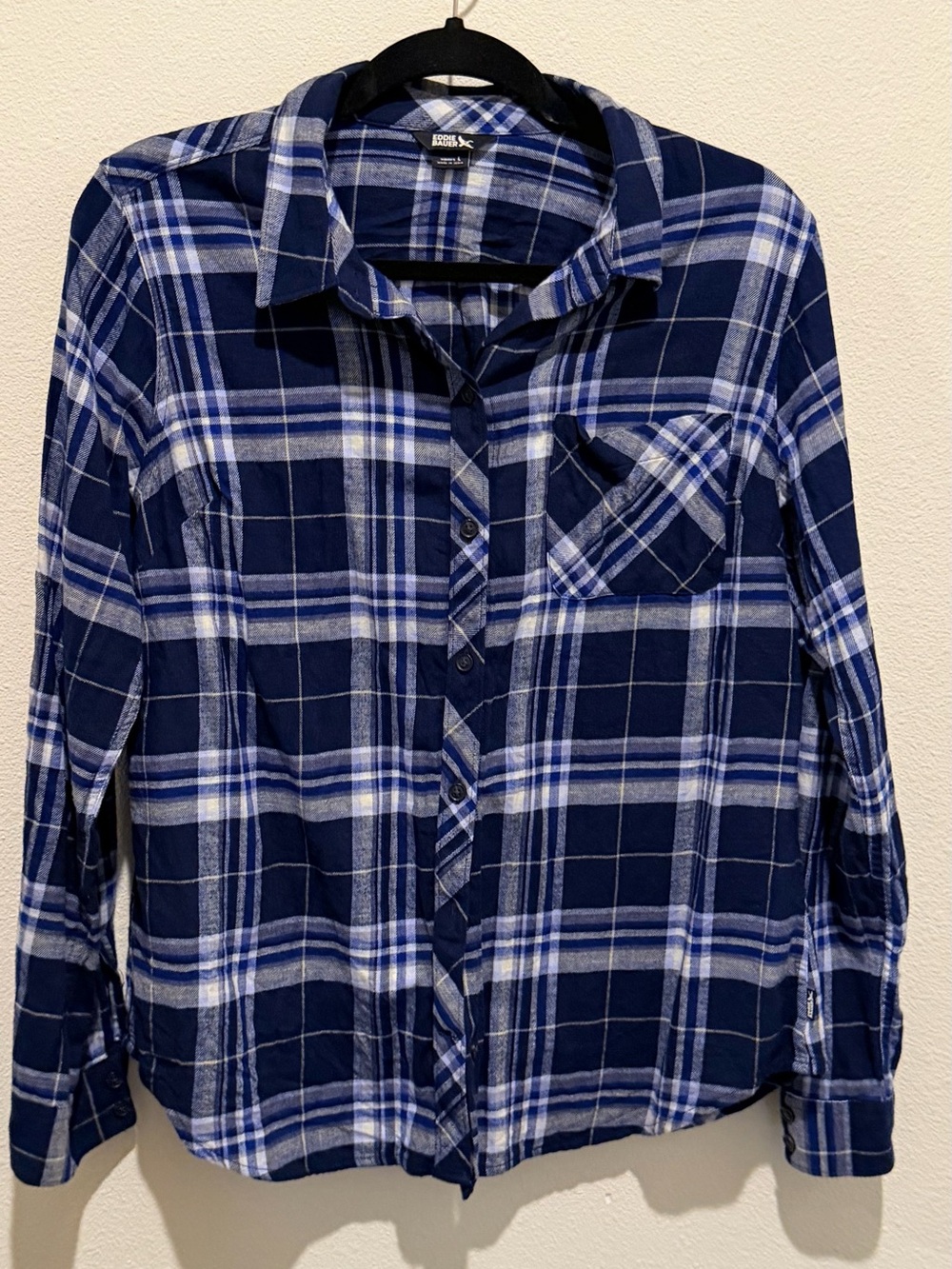 Eddie Bauer Navy and White Plaid Button-Down Shirt | Women’s Large